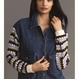 Anthropologie Denim Jacket with Multicolor Crochet Sleeves